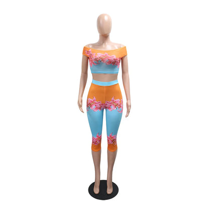 HLJ 2026 New Women Floral Print 2 Piece Set Off Shoulder Short Sleeve Crop Top + High Waist Capri Pants Summer Casual Streetwear