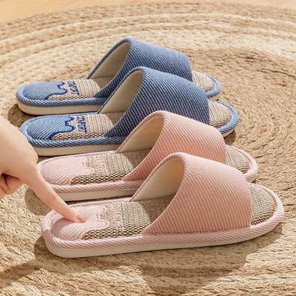 Women Linen Slippers Four Seasons Women Indoor Sandals Adults Cartoon Slides Couples Open toed Breathable Home Shoes