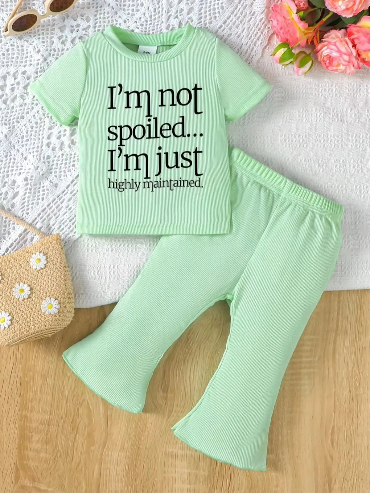 2Pcs Set Baby Girl Casual Pants Suit Summer Children Letter Pattern Printed T-Shirt & Flared Pants for Casual Outdoor Wear