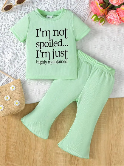 2Pcs Set Baby Girl Casual Pants Suit Summer Children Letter Pattern Printed T-Shirt & Flared Pants for Casual Outdoor Wear