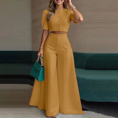 Elegant Solid Color 2 Piece Set 2026 Summer Short Sleeve Button-Down Crop Blouse Top+High Waist WideLeg Pants Set Casual Outfits