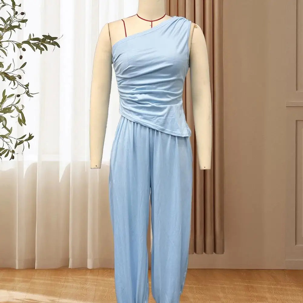 Summer Women Outfit Tank Top Pants Two Piece Set One-shoulder Sleeveless Shirt Solid Color Loose Casual Top Pants Suit