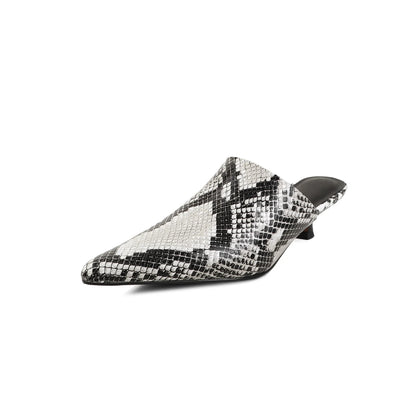 2025 New Mueller Slippers Genuine Leather Women Shoes Sexy Pointed Toe Summer Shoes Ladies Snake Pattern Black White Party Shoes
