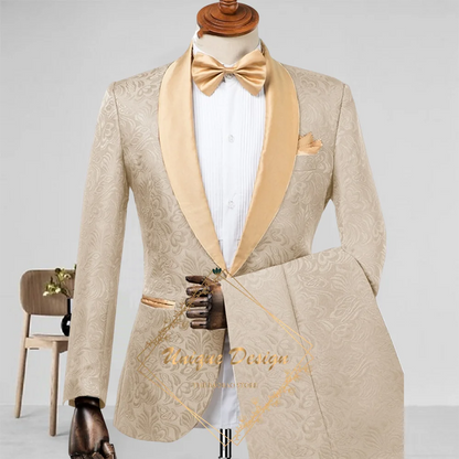 Champagne Men's Suit 2-Piece Set Satin Shawl Lapel Jacquard Jacket Pants Elegant Set for Wedding Groom Summer Party Dating Prom