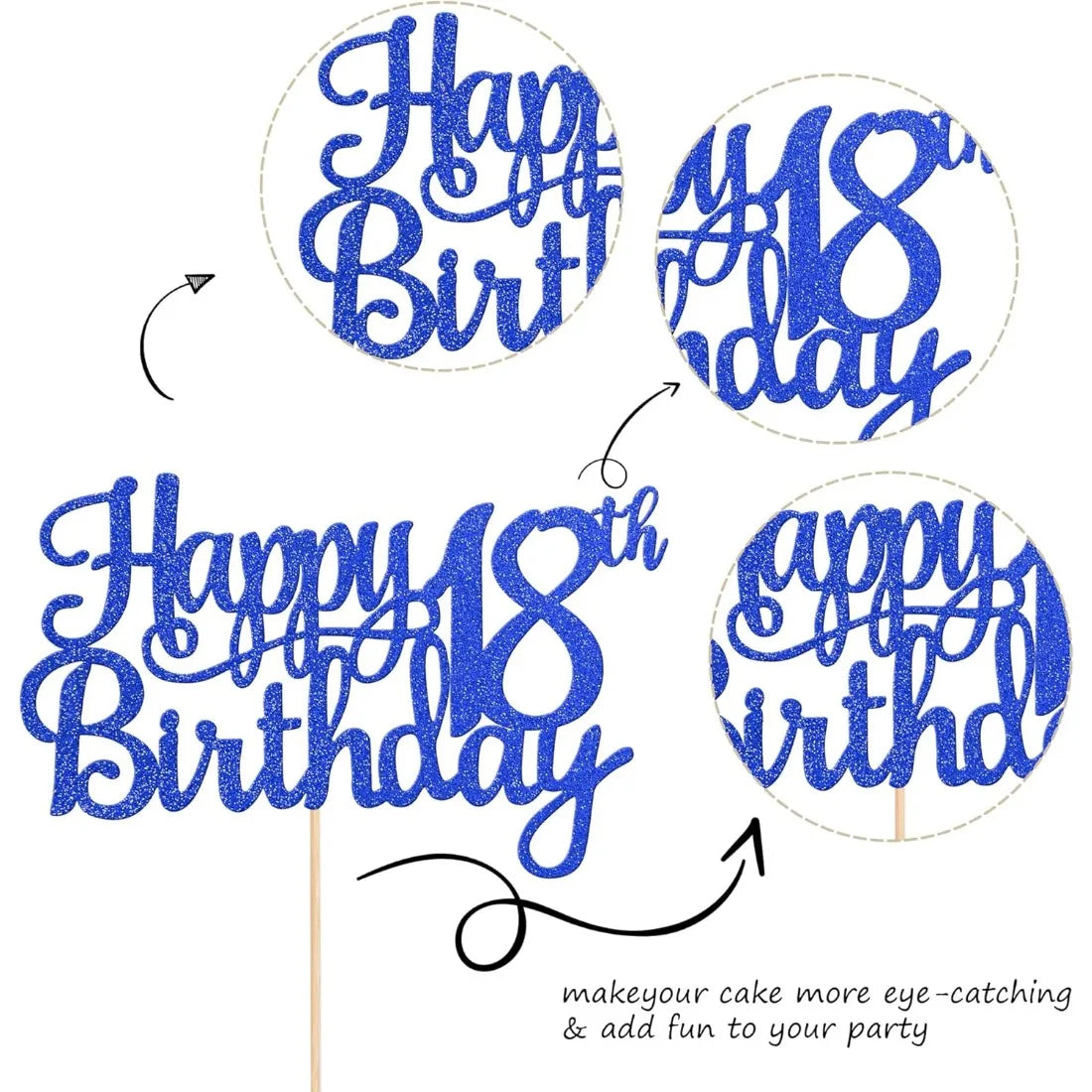 1Pack Happy 18th Birthday Cake Topper,Cheers to 18 Years Cake Decor, Funny 18th Birthday Decorations Supplies Blue Glitter