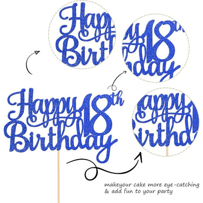 1Pack Happy 18th Birthday Cake Topper,Cheers to 18 Years Cake Decor, Funny 18th Birthday Decorations Supplies Blue Glitter