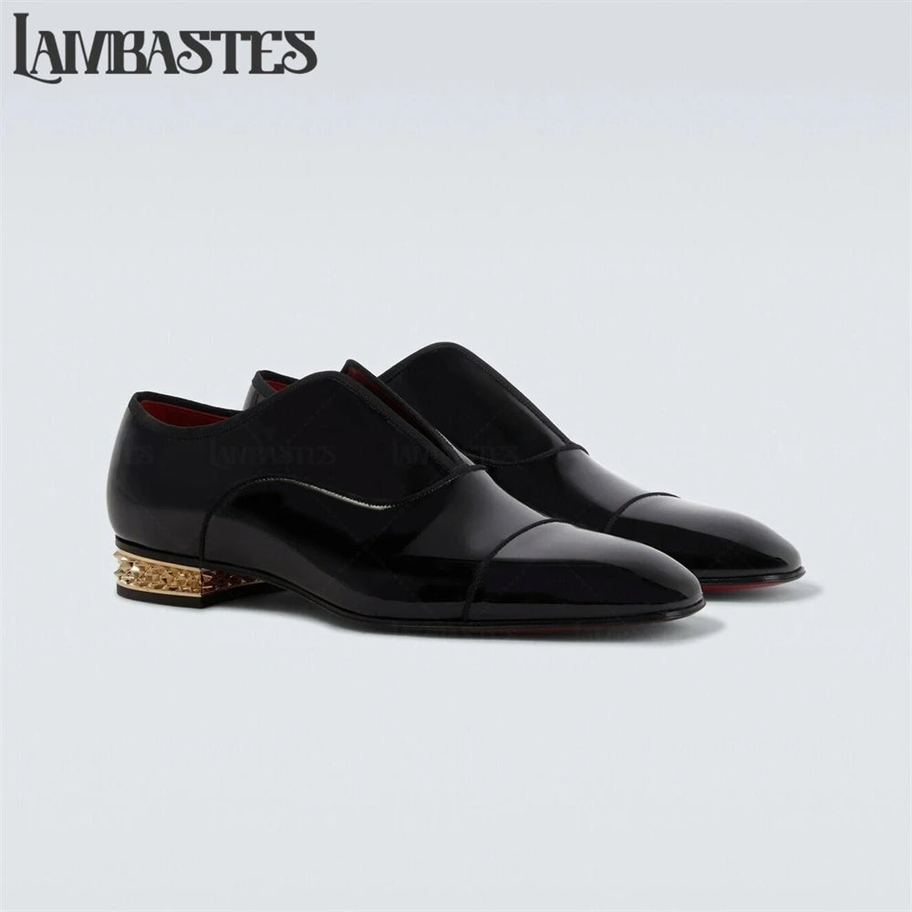 Gold Geometric Heel Patent Leather Mens Loafers Polished Glossy Upper Red Lining Formal Dress Shoes Embossed Gold Heel Loafers