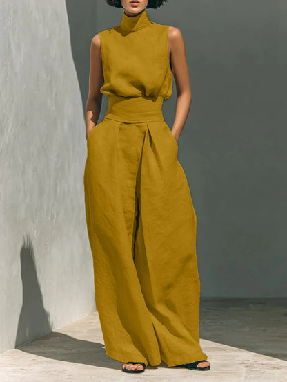 casual Solid Cotton Linen two-piece set for Women Sleeveless Turtleneck Top +High Waist Pants Set New Summer Button Loose Outfit