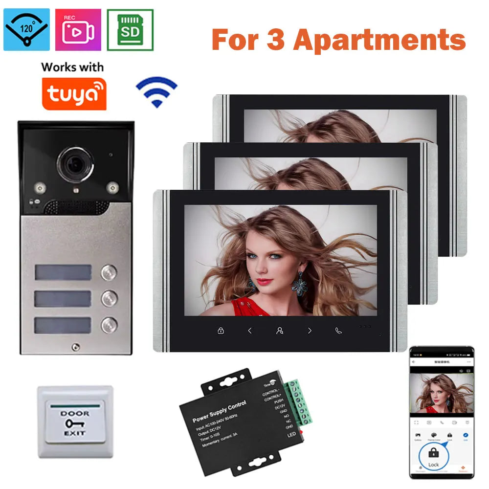 7 Inch LCD Video Doorphone Intercom Wide Angle Waterproof 1080P Camera Doorbell System for 2/3/4 Apartment Family Access Control