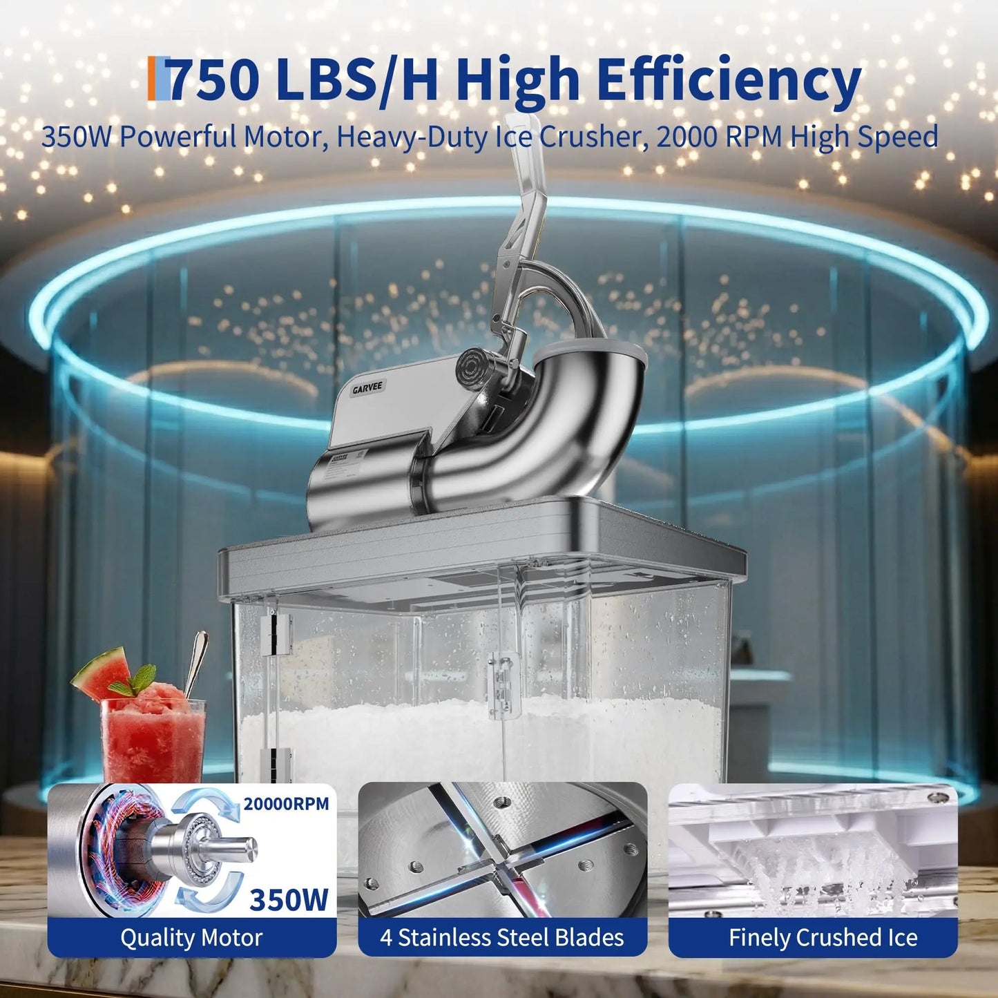 Commercial Ice Crusher Machine with 4 Blades, 2000RPM 750LBS/H Ice Shaver with 2LBS Hopper Capacity, 350W Stainless Steel Snow Cone Machine for Home Use, Bars, Cafes, Parties