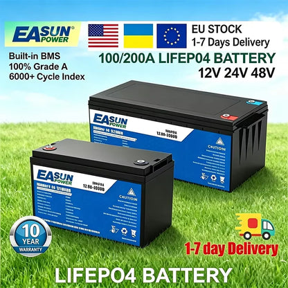EASUN Power LiFePO4 Battery 100Ah 200Ah 12V 24V Lithium Iron Phosphate Battery Built-in BMS 6000+ Cyclic For Inverter Solar RV No Tax