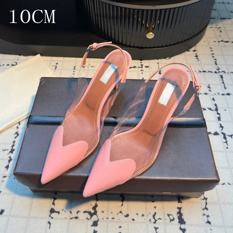 Women's Heart Clear Heeled Sandals Pointed Toe Transparent Slingback Heels Buckle Strap Patent Leather Party Prom Dress Shoes