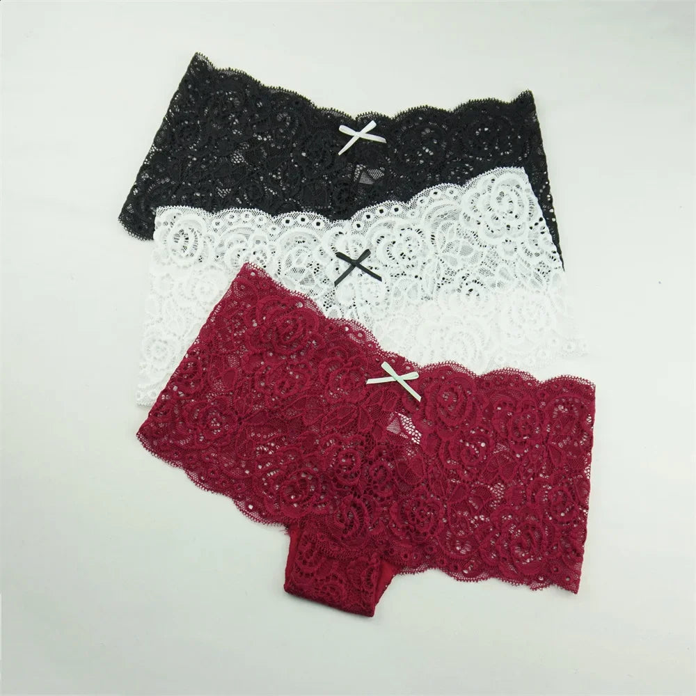 3PCS Transparent Boyshorts Women Underwear Lace Boxers Ladies Plus Size M-XXL Hollow Out Floral Panties Femme Intimates