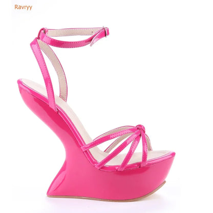 Strange Style Women Metal Color Woman Summer Platform Sandals Sexy Hoof Heel Ankel Buckle Strap Open Toe Shoes High Quality