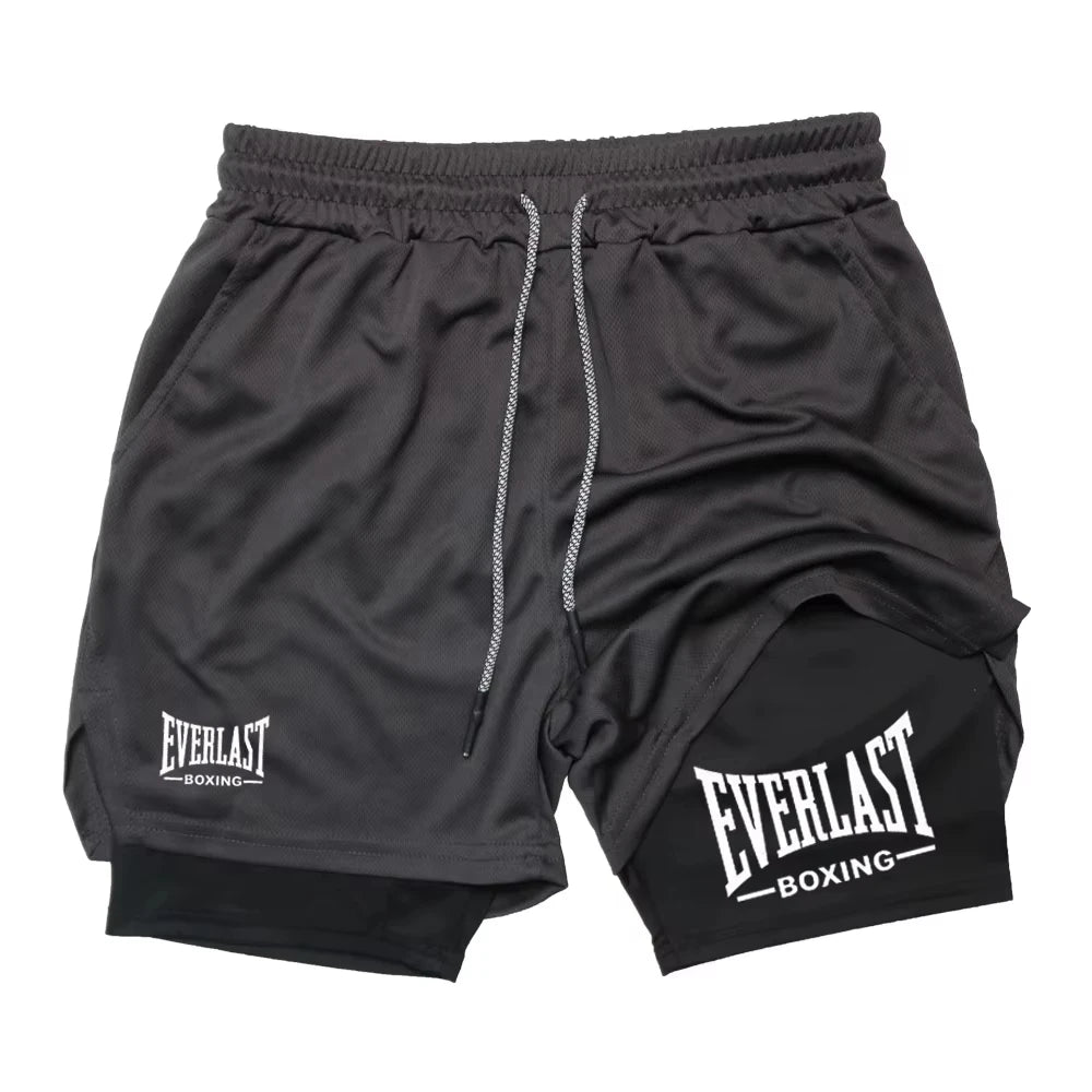 Men's Compression Gym Shorts, EVERLAST Printed Sports Pants, Double Layered, Quick Drying, Basketball, Muscle, Fitness RL0365
