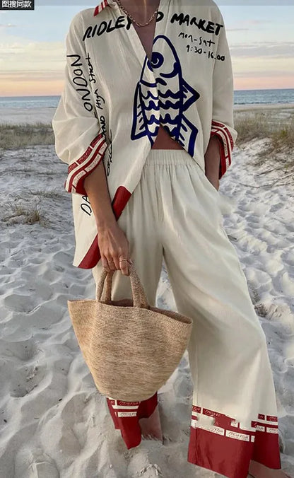 Fashion Print Beach Holiday 2-Piece Set Women Spring Summer Long Sleeve Shirt Top + Wide Legs Women's Oversized Two-Piece Outfit