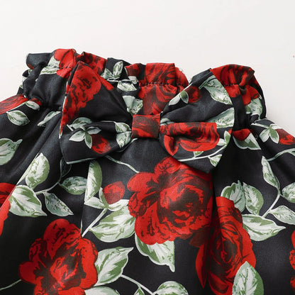 Baby Girl 2Pcs Outfit Black Ruffle Sleeve Bodysuit Red Rose Floral Skirt Headband Set Newborn Infant Summer Clothes