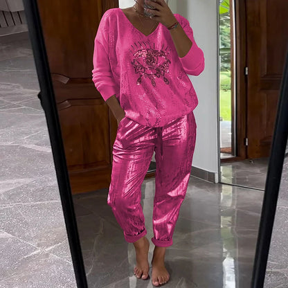 Women's Gold Shining Eye 2 Piece Set Long-Sleeved Top V-Neck Pullover Bronzing Pants Outfit Lace-up Loose Suit Spring Summer