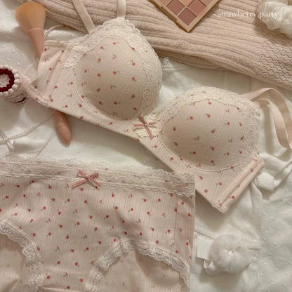 Teenage Sexy Lace Floral Bra Set Comfortable Non-steel Ring Beauty Back Small Breasts Gathered up Support Anti-Sagging Bra Set