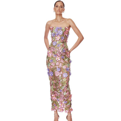 New Sexy Strapless Back Lace Up Dress for Women, Slim Fit and Simple Floral Embroidery Fabric Party Dress Long