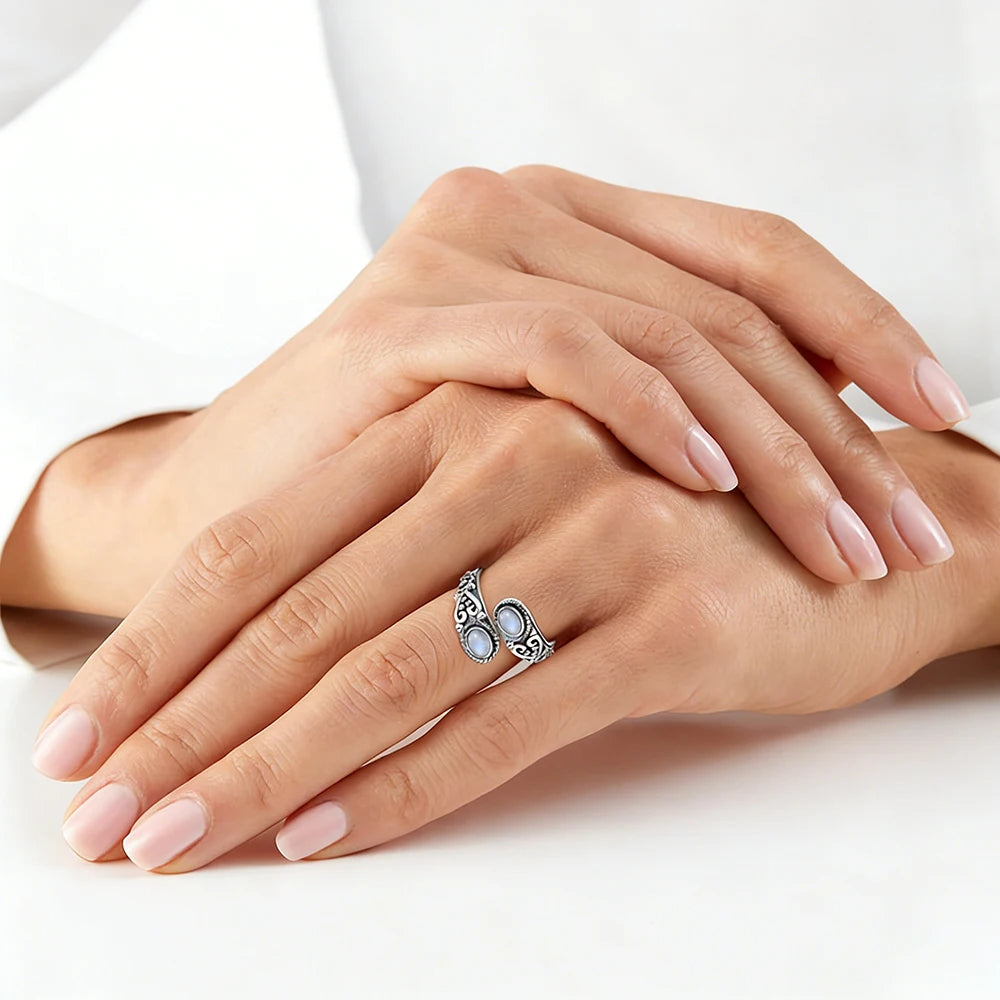 925 Vintage Silver Ring with Natural Moonstone 6*8mm Adjustable Rings Flower Bohemia Style Fine Jewelry for Women