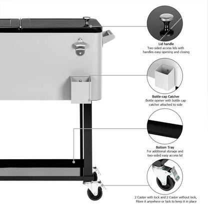 Rolling Ice Chest, 80QT Cooler Cart with Shelf, Beverage Pool, Bottle Opener, Portable Party Bar