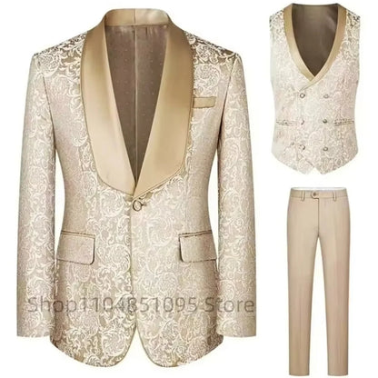 Champagne Jacquard 3-Piece Men's Formal Smoking Suit with Shaw Lapel Blazer Set for Groom Wedding Best Man Tuxedos for Party