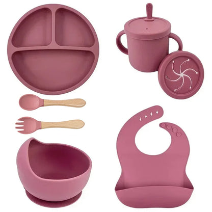 Food Grade Silicone Child Dish Set Baby Feeding Bowl Suction Plate Straw Cup Wooden Spoon Fork for Kids Tableware Toddler Dishes