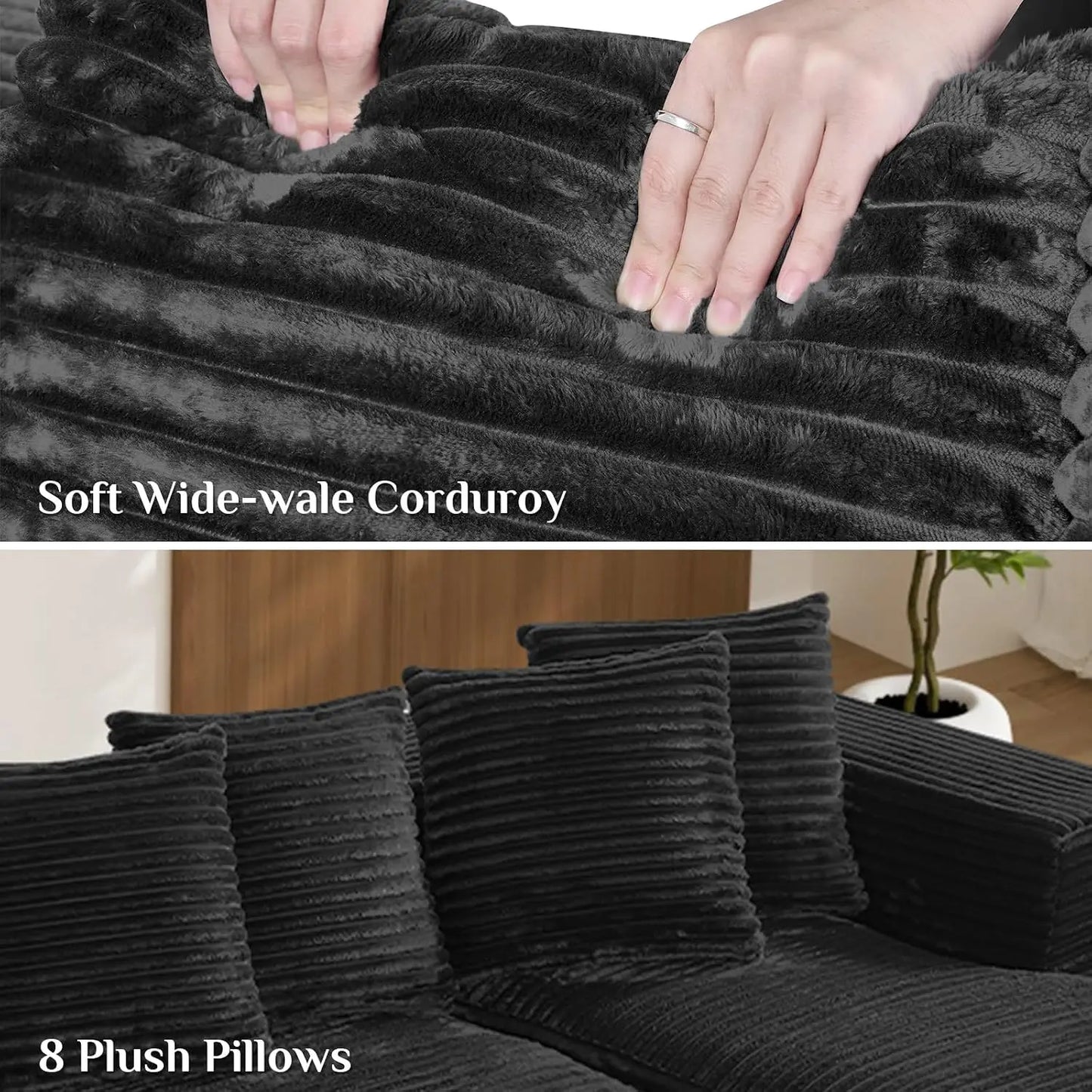 131" Oversized Cloud Boneless Couch Sofa with Chaise, Black, Custom