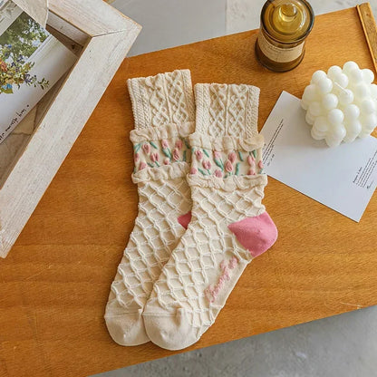 New Style Crew Socks for Women Spring Fashion Cute Flower Long Cotton Socks Japanese Style Breathable Casual Trendy Absorb Sweat