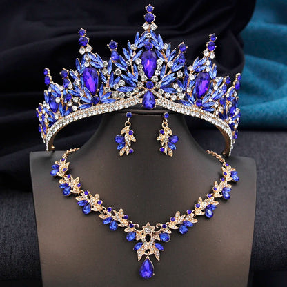 Royal Queen 3 Pcs Tiaras and necklace earrings for Bridal Jewelry Sets Women Brides Wedding Crown Prom Birthday Accessories
