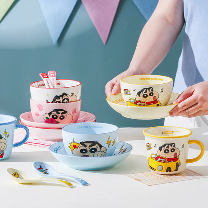 New 1Set/4Pcs Cute Cartoon Anime Crayon ShinChan Ceramics Gift Box Set Kawaii Rose Bowl Plate Spoon Cup childen Birthday Gift