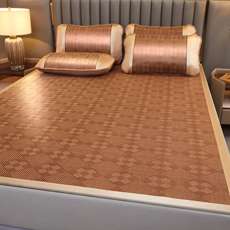 Summer Cool Rattan Mat Sets Natural Plant Fiber Ice Mats with Pillowcase Foldable Non-Slip Breathable Cooling Mattress Cover