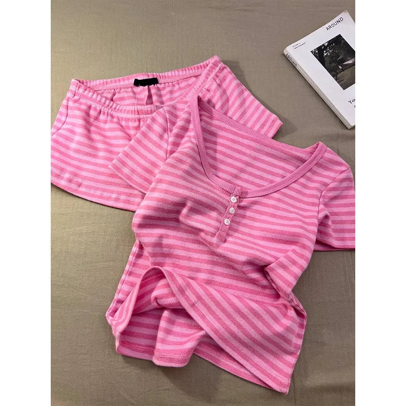 Pink Striped Short Sleeve T-shirt Shorts Set Woman Buttons Slim Tees+Elastic Straight Short Pant Cotton Home Pajama 2 Piece Sets