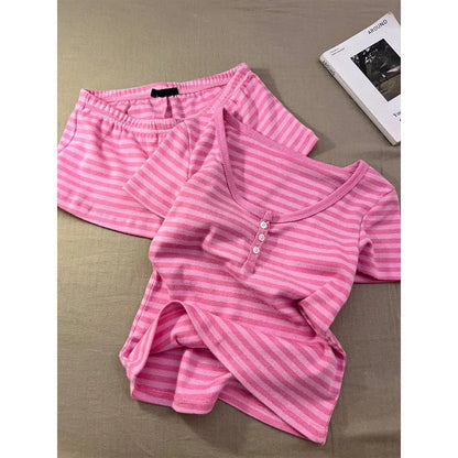 Pink Striped Short Sleeve T-shirt Shorts Set Woman Buttons Slim Tees+Elastic Straight Short Pant Cotton Home Pajama 2 Piece Sets