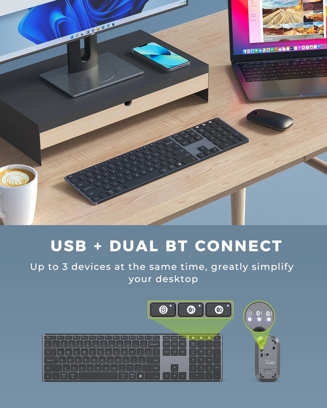 Wireless Bluetooth Keyboard and Mouse Combo Multi-Device Rechargeable Slim Keyboard and Mouse for Win 8 10 MacBook Pro Air iPad