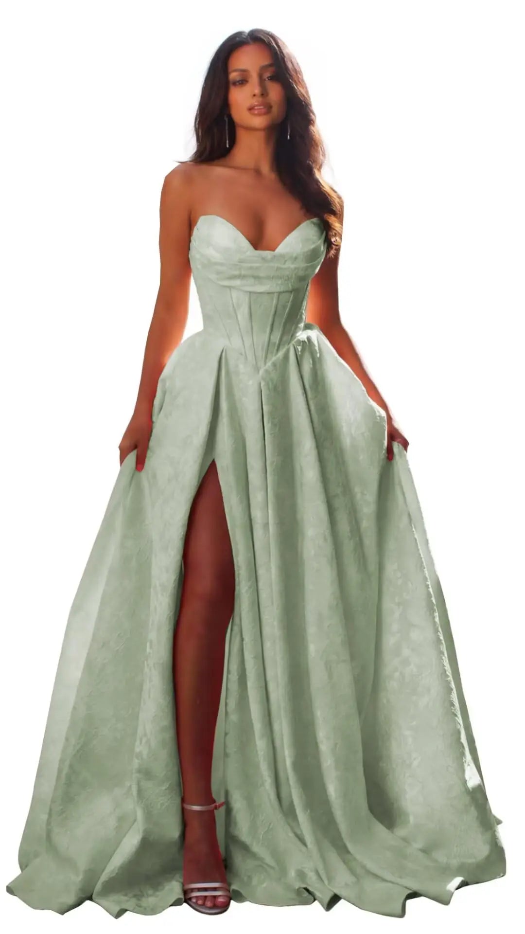 Jacquard Satin Prom Dresses with Slit Strapless Corset A Line Long Formal Gowns Party Evening Gown Formal Dress Women Elegant
