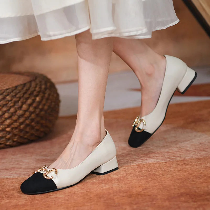 Lady Patchwork Low Heels Pumps Squar Tip OL Slip-Ons With Metal Buckle Plus Size 3-43 Retro Footwear Brown White Black Hand-Made