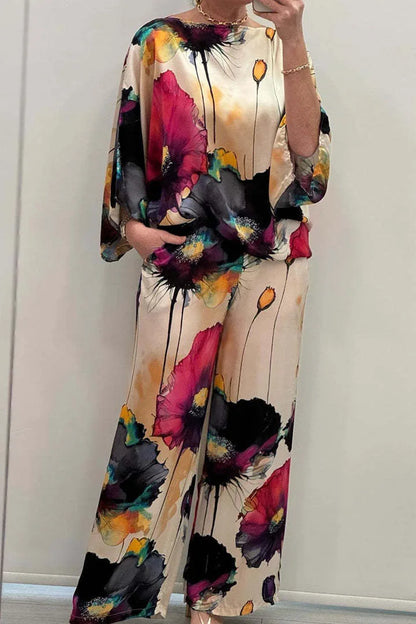 Casual Sets for Women 2 pieces Summer Fashion Printed Satin Two Piece Sets Women Sexy Round Neck Top+Wide Leg Long Pants Outfits