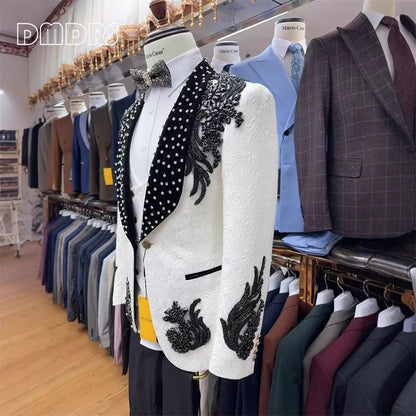 Luxury Paisley Men's Beading Suit Set, 3-piece Formal Suit Set Jacket Vest Pants Black White Rhinestones Tuxedo Set