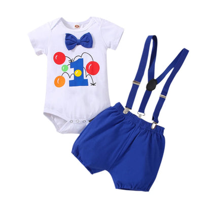 MiniFox Baby Boys Birthday Outfit For One Years Number"1“ Bodysuit and Y-back Suspender Shorts 1 Year Birthday Cake Smash Sets