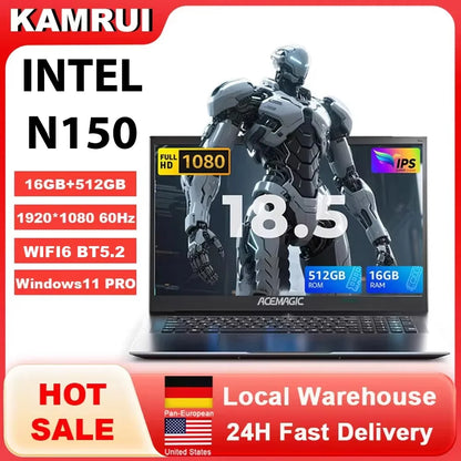 KAMRUI 18.5" 8000mAh Laptop Intel N150 4Core 16GB DDR4 512GB SSD Win11 Pro WiFi5 180° Foldable Notebook Computer for Home Office