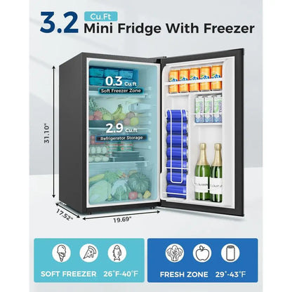 3.2 Cu.ft Single Door Compact Refrigerator, Adjustable Temp, Ideal for Small Spaces, Bedrooms, Apartments - Black