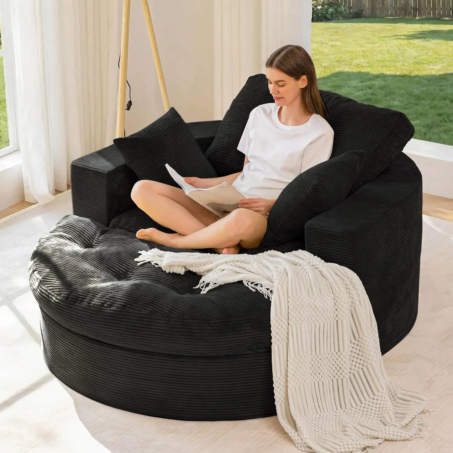 Oversized Round Chaise Lounge Sofa, Boneless Chair with Ottoman | Beige Upholstered Reading Chair Has a Deep Seat and 3, Custom