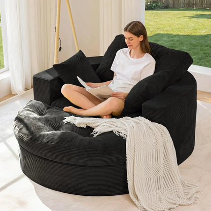 Oversized Round Chaise Lounge Sofa, Boneless Chair with Ottoman | Beige Upholstered Reading Chair Has a Deep Seat and 3, Custom