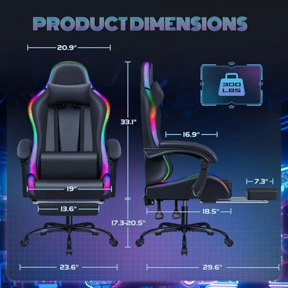 Chair with RGB LED Lights, Video Game Chair with Footrest and Massage Lumbar Support, High Back Reclining