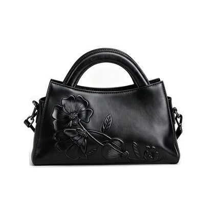 Floral Women Genuine Leather Tote Bag Retro Real Cow Leather Handbag Vintage Ladies Cowhide Shoulder or Crossbody Bags