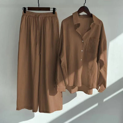Cotton And Linen Solid Color Pant Sets Women Single-breasted Shirts And Drawstring Loose Wide Legs Trousers Two Piece Set Casual