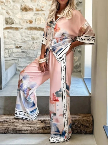 2 Pieces Set for Woman Summer New Elegant Printed Half Sleeves Shirt