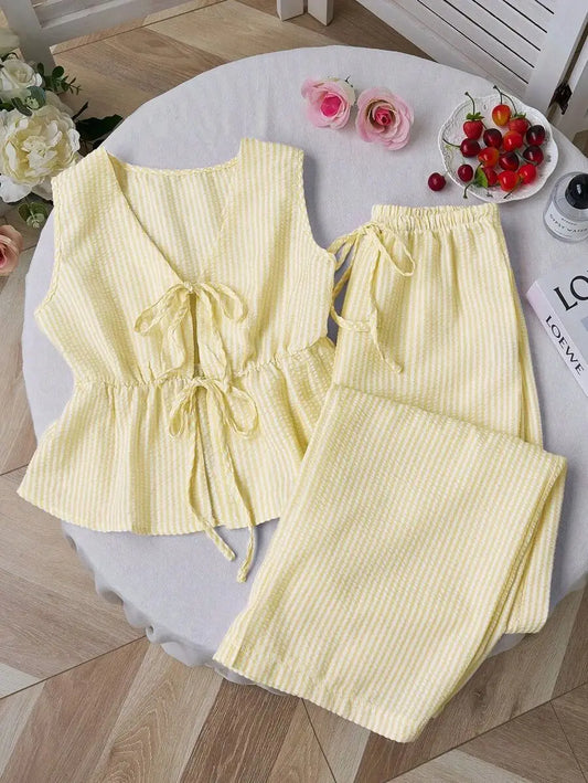 Solid Cami Wide Leg Pants Set | Tie Waist Loose Fit | Summer Two Piece Casual Outfit